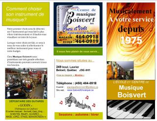 École et Centre de Musique Boisvert à Beloeil offrant des services et/ou produit tel que Pour la maison, Musique / Multimédias, Pour l'artiste, Autres, Éducation fait partie du répertoire de PME d'ICI un répertoire que propulse gratuitement les entreprises Québécois.